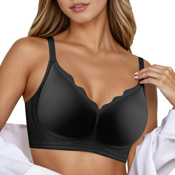 KHONTS,Women's No Underwire Seamless Push up Bras Wireless Soft Bra Scalloped Full Coverage Everyday Bralettes Black S
