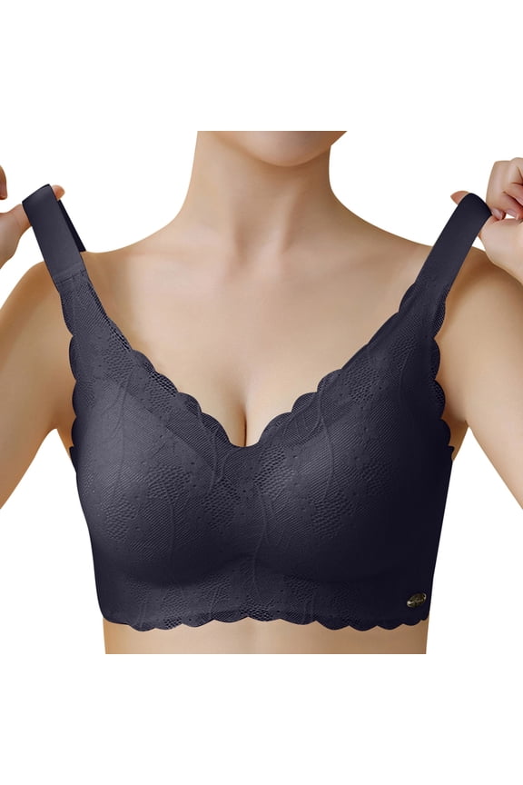 ,Women's No Underwire V Neck Scalloped Bras Wireless Push up Bra Soft Support Comfort Seamless Bralettes Blue XXL