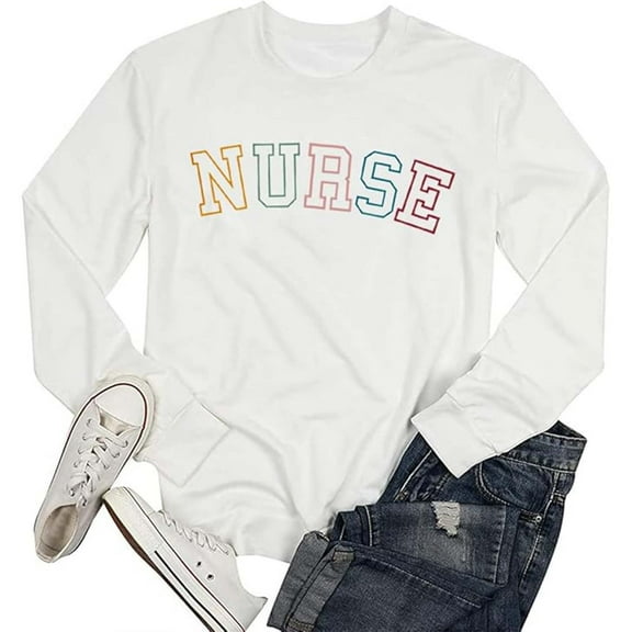 KHONTS Women's Nurse Letter Prints Sweatshirt Long Sleeve Pullover Tops Holiday Casual Tees for Graduation Gift White L