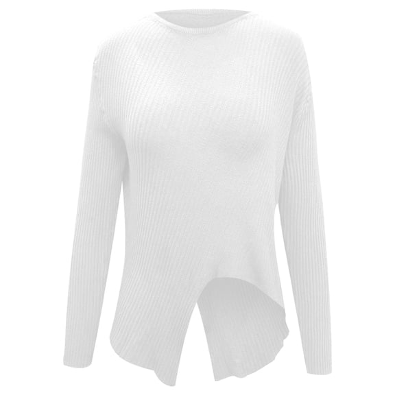 KHONTS Women's Oversized Crewneck Sweaters Fall Asymmetrical Hem Split Knit Shirts Long Sleeve Ribbed Tunic Tops White L