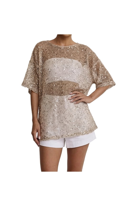 Women's Oversized Sequin Knit T-Shirt Semi Sheer Short Sleeve Glitter Tee Tops Sparkly Crochet Cover up Beachwear White L