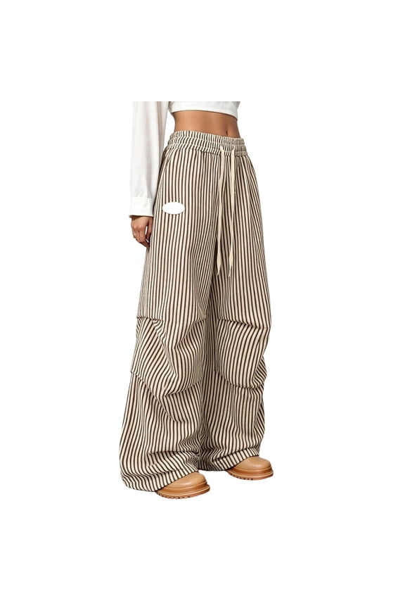 Women's Pants Striped Ruched Wide Leg Baggy Elastic Waist Track Pants with Pockets Coffee S
