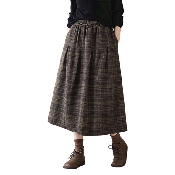 KHONTS Women's Plaid Skirts Elastic Waist A-Line Pleated Tartan Long Skirts Coffee XL