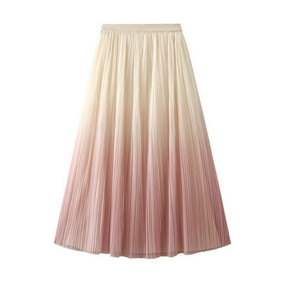 KHONTS Women's Pleated Midi Skirt Elegant Gradient Tulle Skirts Elastic High Waist Flowy Skirt Summer Casual Skirts Pink One Size