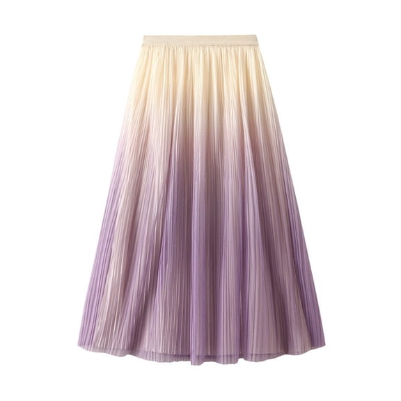 KHONTS Women's Pleated Midi Skirt Elegant Gradient Tulle Skirts Elastic High Waist Flowy Skirt Summer Casual Skirts Purple One Size