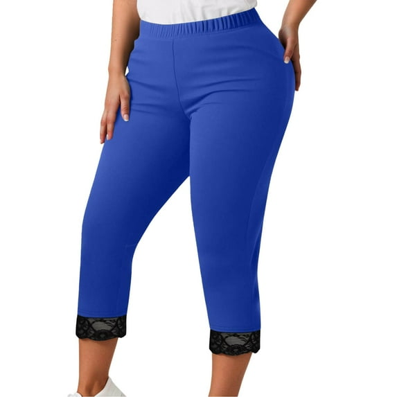 KHONTS Women's Plus Size Lace Trim Capri Leggings Stretch Crop Leggings Summer Tights Pants Blue XXXXL