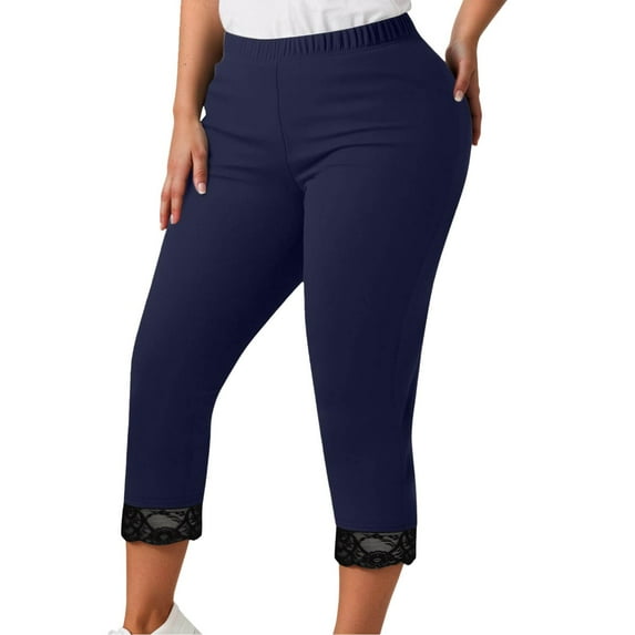 KHONTS Women's Plus Size Lace Trim Capri Leggings Stretch Crop Leggings Summer Tights Pants Navy XXXL
