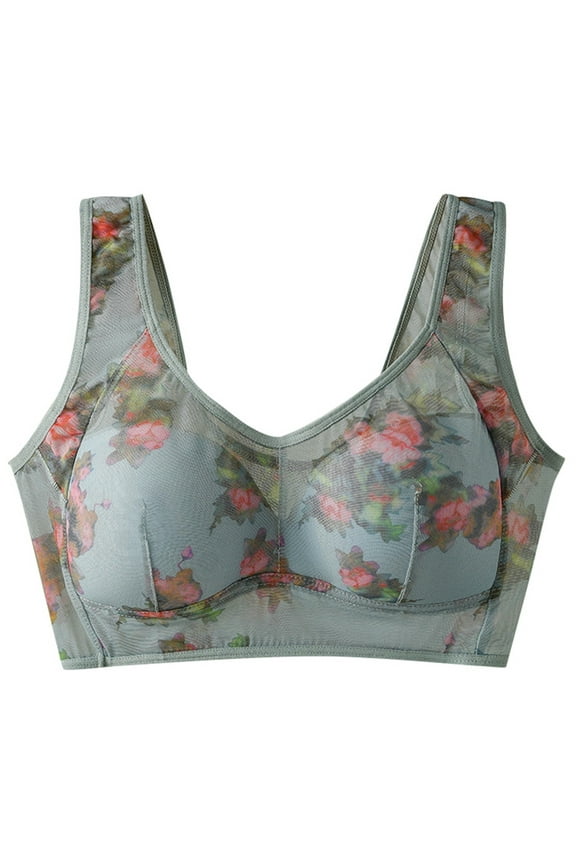 Women's Plus Size Senior Bras Mesh Floral Printed Elegant Bra Stretchy Gathering Soft Breathable Bralettes Blue XXXXL