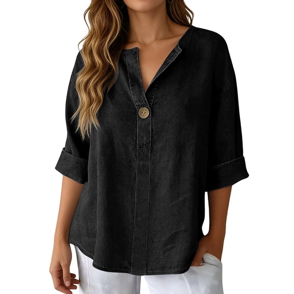 KHONTS Women's Plus Size V Neck 3/4 Sleeve T Shirts Denim Button Summer Tees Loose Fit Solid Color Tunic Blouse Black XL