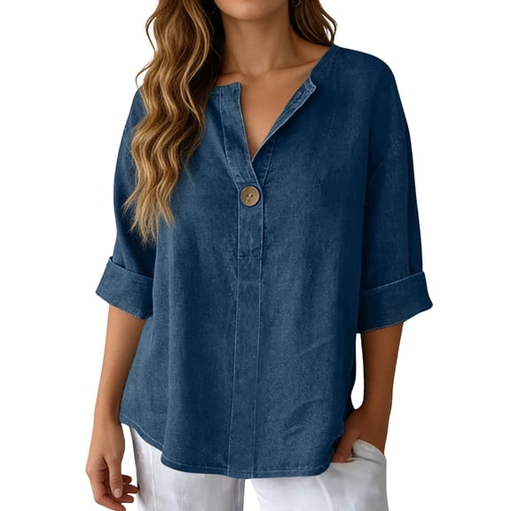 KHONTS Women's Plus Size V Neck 3/4 Sleeve T Shirts Denim Button Summer Tees Loose Fit Solid Color Tunic Blouse Blue XXXL