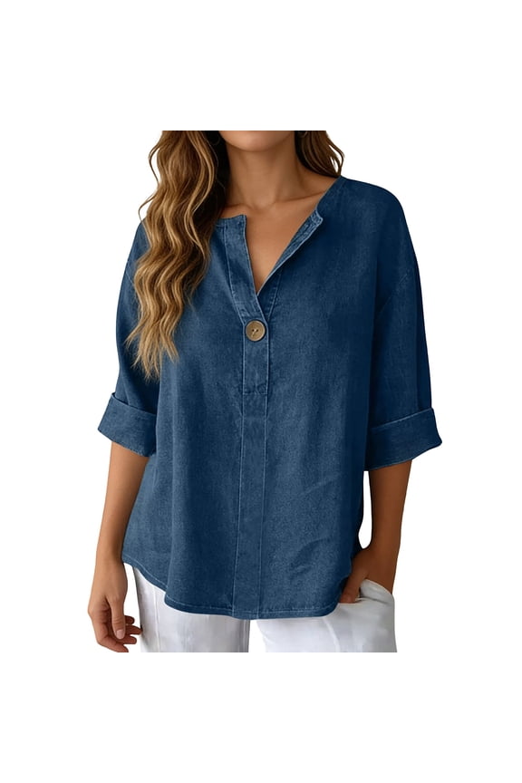 Women's Plus Size V Neck 3/4 Sleeve T Shirts Denim Button Summer Tees Loose Fit Solid Color Tunic Blouse Blue XXXL