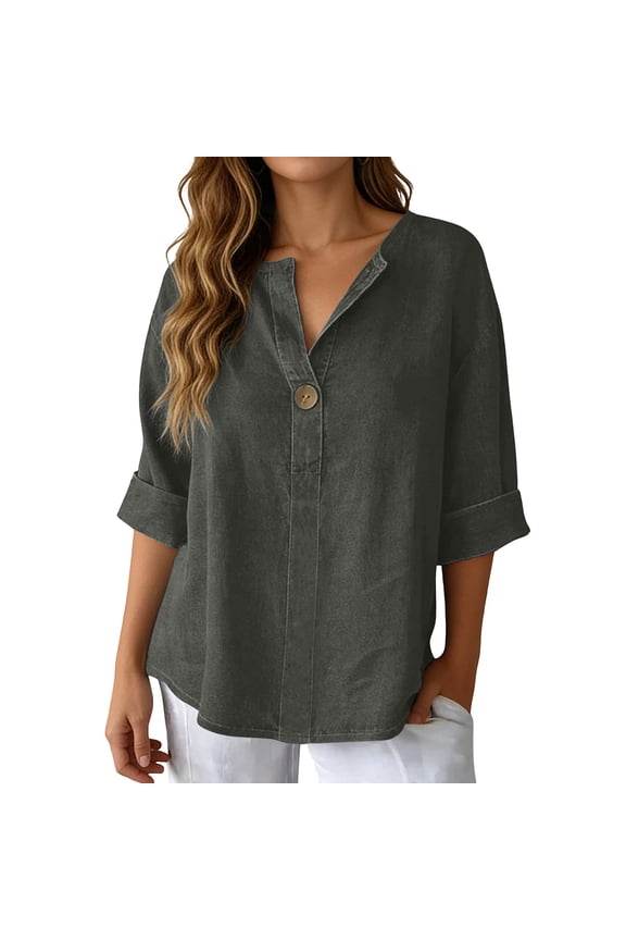Women's Plus Size V Neck 3/4 Sleeve T Shirts Denim Button Summer Tees Loose Fit Solid Color Tunic Blouse Grey XXL