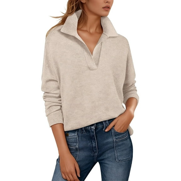 KHONTS Women's Polo V Neck Long Sleeve Sweaters Plus Size Lightweight Dressy Casual Business Basic Knit Pullover Top 2025 Fall Outfits Beige S