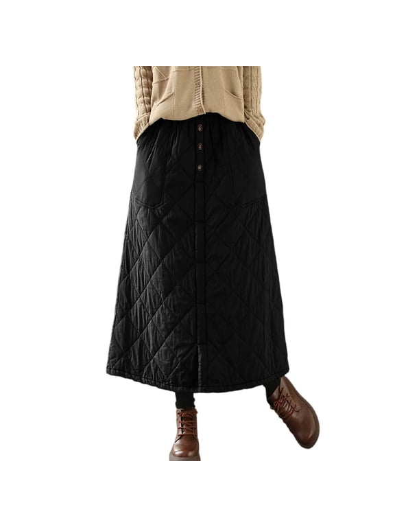 Women's Puffer Quilted Skirt Winter Insulated Warm High Waist Front Split Long down Skirt with Pockets Black XL