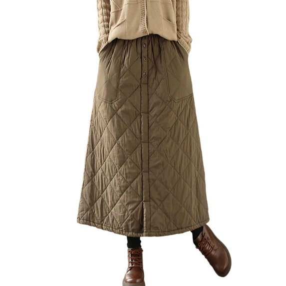 KHONTS Women's Puffer Quilted Skirt Winter Insulated Warm High Waist Front Split Long down Skirt with Pockets Green L