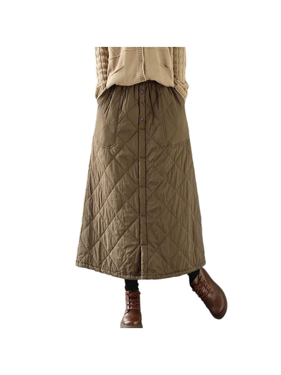 Women's Puffer Quilted Skirt Winter Insulated Warm High Waist Front Split Long down Skirt with Pockets Green L