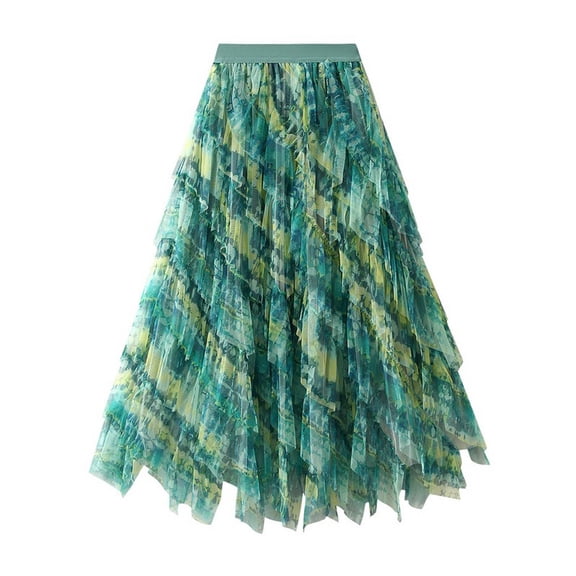 KHONTS Women's Rainbow Skirts Gradient Ruffle Tulle Skirt Asymmetrical A-Line Midi Skirts Wedding Party Skirt Green One Size
