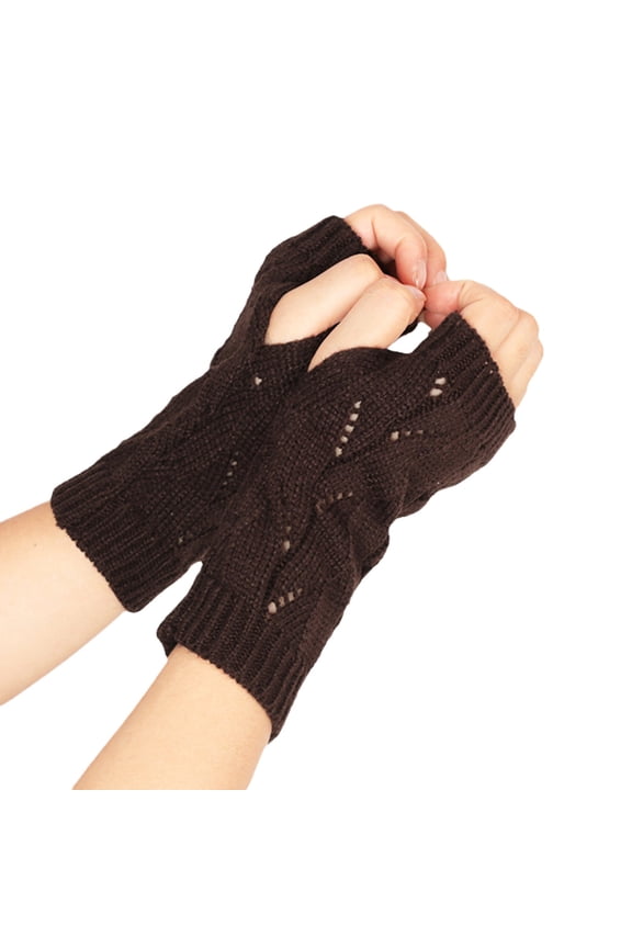 Women's Ribbed Wrist Arm Warmers Stretchy Cable Knitted Fingerless Gloves Brown One Size