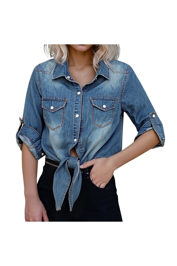 Women's Roll up 3/4 Sleeve Tie Front Knot Shirt Chambray Denim Crop Top Dark Blue L