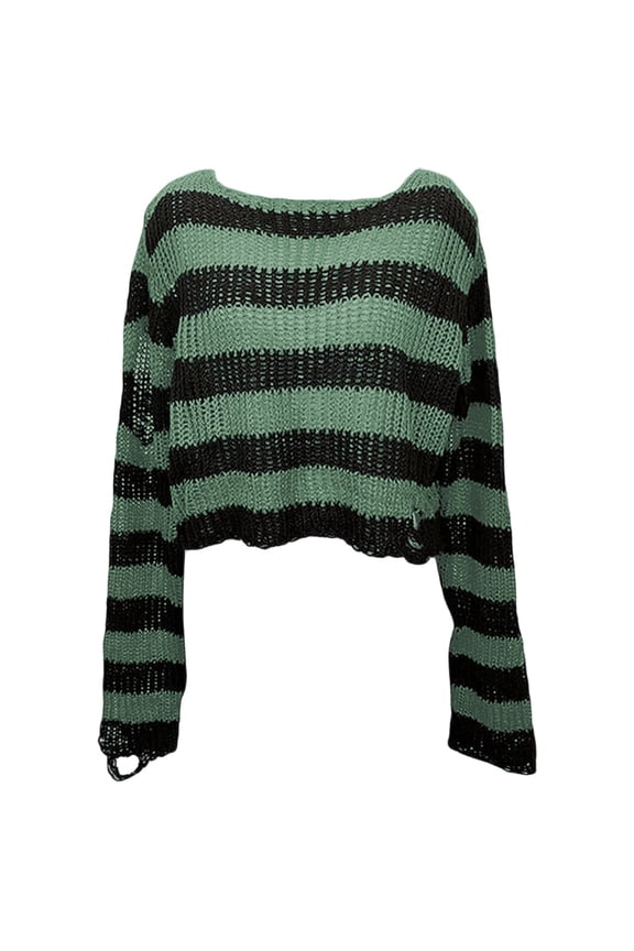 Women's Round Neck Crochet Pullover Sweaters Color Block Gothic Punk Ripped Knitted Tops Long Sleeve Crop Sweater Green One Size