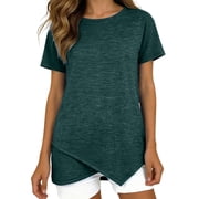 KHONTS Women's Round Neck Short Sleeve T Shirt Asymmetric Hem Solid Color Summer Tees Casual Fashion Tops Green S