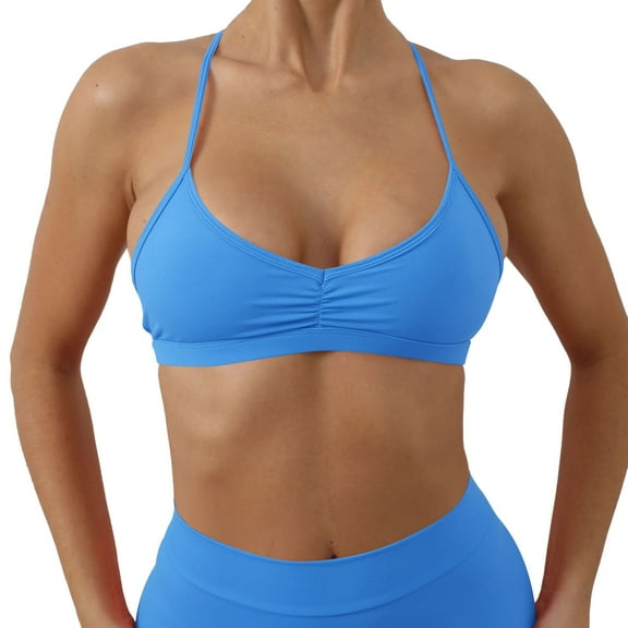 KHONTS,Women's Ruched V Neck Sports Bras Y Back Spaghetti Thin Strap Wireless Bra Padded Yoga Crop Tops Blue M