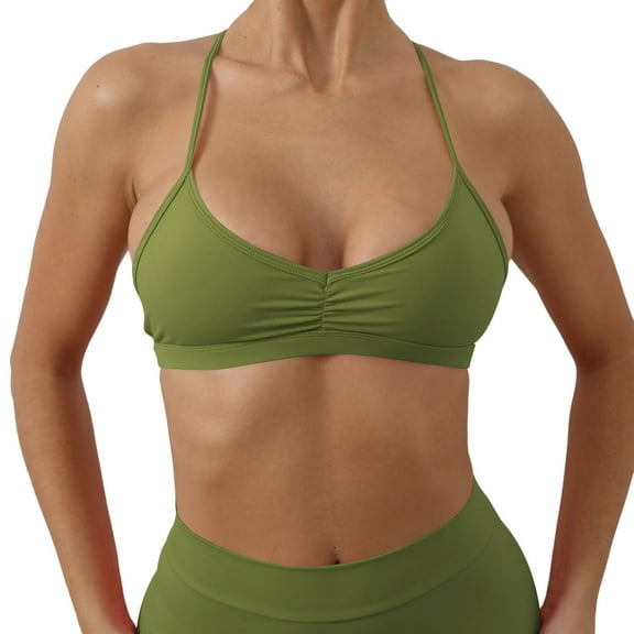 KHONTS,Women's Ruched V Neck Sports Bras Y Back Spaghetti Thin Strap Wireless Bra Padded Yoga Crop Tops Green S