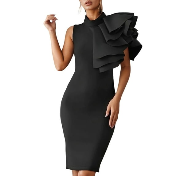 KHONTS Women's Ruffle Sleeveless Bodycon Knee Length Party Pencil Midi Dress Black S