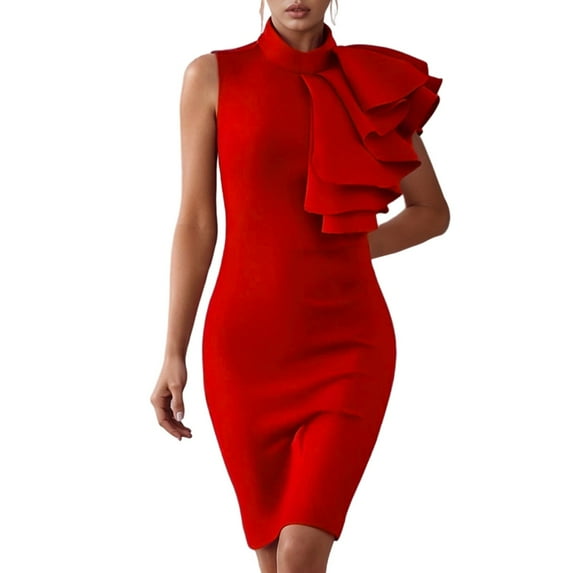 KHONTS Women's Ruffle Sleeveless Bodycon Knee Length Party Pencil Midi Dress Red L