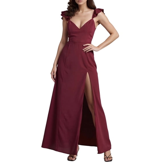 KHONTS Women's Ruffled Suspenders Dress Sleeveless High Waist Solid Color High Fork Solid Color Dress Red S