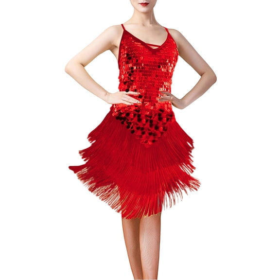 KHONTS Women's Salsa Latin Dance Dress Sequin Fringe Flapper Dress Tassel 20s Vintage Tango Ballroom Dresses Outfits Red One Size