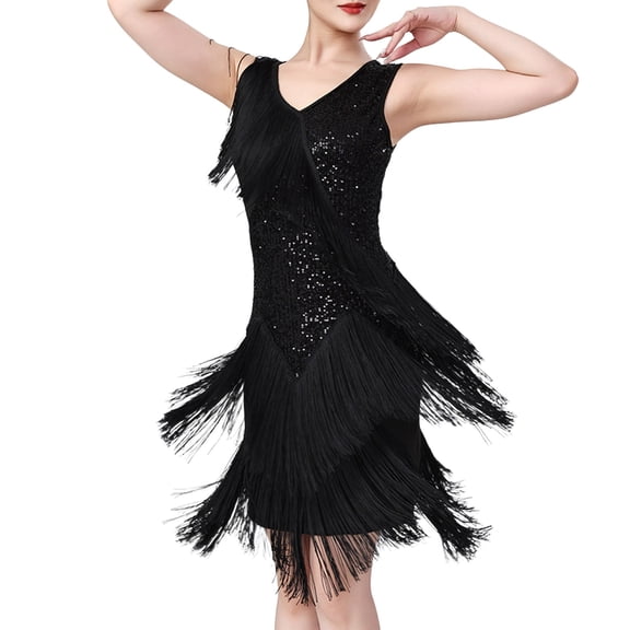 KHONTS Women's Salsa Latin Dance Dress Sequin Tassel Fringe Flapper Dress Tango Ballroom Dancing Dress Black L