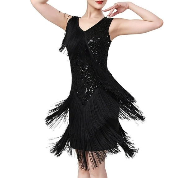 KHONTS Women's Salsa Latin Dance Dress Sequin Tassel Fringe Flapper Dress Tango Ballroom Dancing Dress Black XL