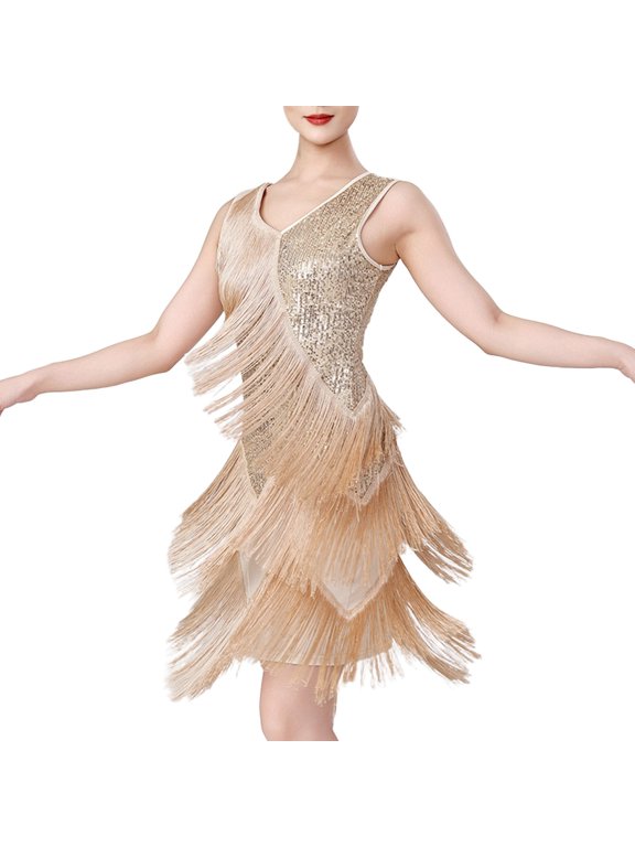 Women's Salsa Latin Dance Dress Sequin Tassel Fringe Flapper Dress Tango Ballroom Dancing Dress Gold M