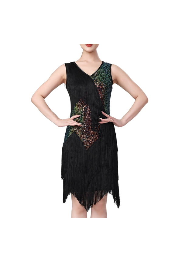 Women's Salsa Latin Dance Dress Sequin Tassel Fringe Flapper Dress Tango Ballroom Dancing Dress Green M