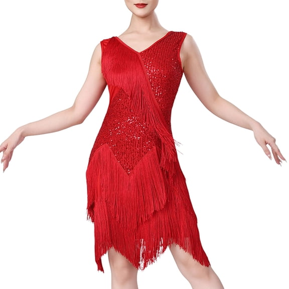 KHONTS Women's Salsa Latin Dance Dress Sequin Tassel Fringe Flapper Dress Tango Ballroom Dancing Dress Red XL