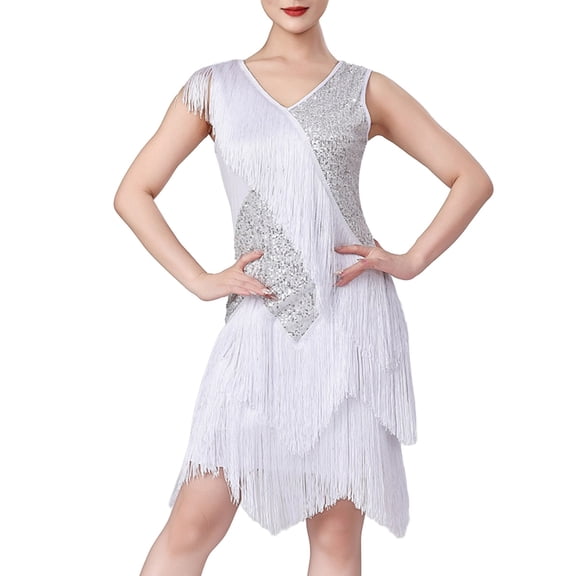 KHONTS Women's Salsa Latin Dance Dress Sequin Tassel Fringe Flapper Dress Tango Ballroom Dancing Cocktail Dress White M