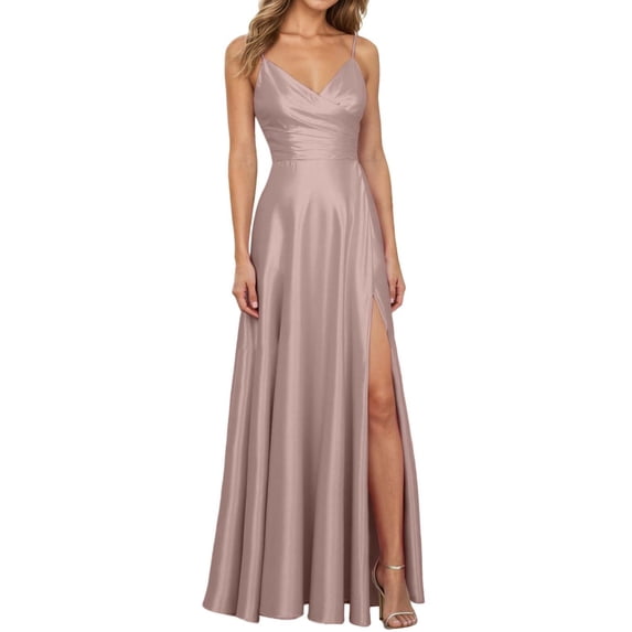 KHONTS Women's Satin Bridesmaid Dresses for Wedding Dress Formal Long A-Line Prom Party High Slit Gowns Rose Gold XL