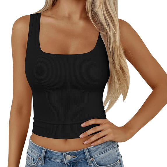 KHONTS Women's Scoop Neck Sleeveless Knit Tank Tops Ribbed Fitted Casual Crop Crop Tops Summer Solid Color Camisole Black L