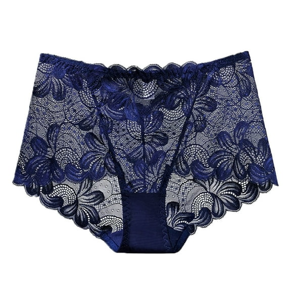 KHONTS Women's See Through Underwear Lace Panties High Waisted Plus Size Briefs Breathable Soft Underpants Dark Blue L