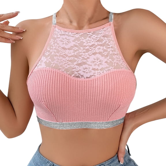 KHONTS,Women's Sexy Floral Crop Tops Lace Bralettes Glitter Y2k Strappy Shiny Racerback Camisole Pink L