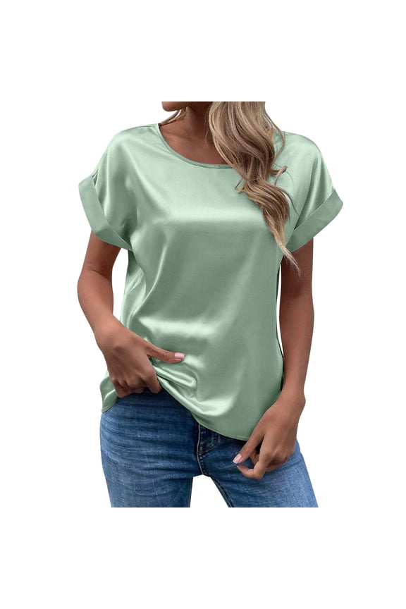 Women's Short Sleeve Satin Blouses Casual Loose Crewneck Silk Shirts Roll up Sleeve Tunic Tops GN2 XXL