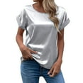 thumbnail image 1 of KHONTS Women's Short Sleeve Satin Blouses Casual Loose Crewneck Silk Shirts Roll up Sleeve Tunic Tops Grey XL, 1 of 5