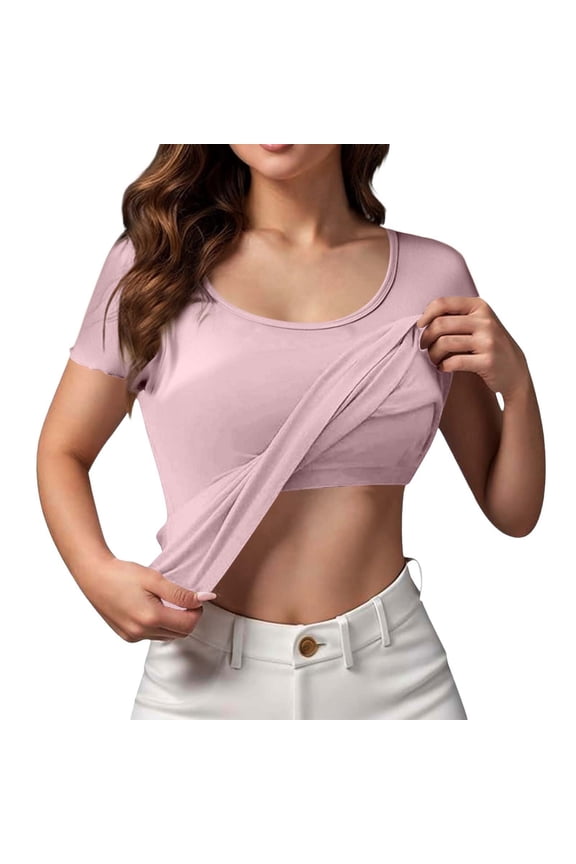 Women's Short Sleeve Shirts with Built in Bra Summer Basic T-Shirts Workout Yoga Tops Athletic Shelf Bra Tops Pink XXL