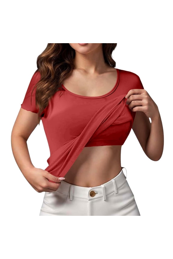 Women's Short Sleeve Shirts with Built in Bra Summer Basic T-Shirts Workout Yoga Tops Athletic Shelf Bra Tops Red XXL