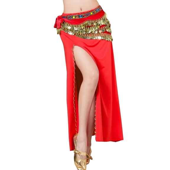 KHONTS Women's Single Split Long Skirt for Belly Dance Costume Performance Training and Professional Dancewear Red One Size