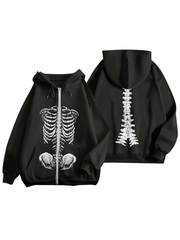 Women's Skeleton Graphic Hoodie Halloween 20s Gothic Zip up Printed Long Sleeve Hooded Sweatshirt Jacket Streetwear 05-Black XXL