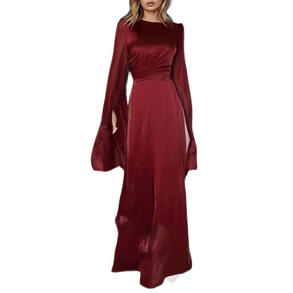 KHONTS Women's Solid Color Maxi Dresses Long Sleeve Pleated Evening Dress Elegant Belted Dress Red S