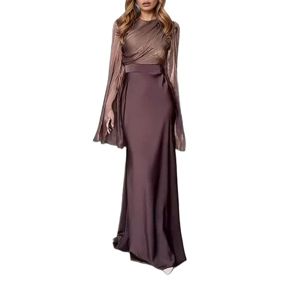 KHONTS Women's Solid Color Maxi Dresses Long Sleeve Pleated Evening Dress Elegant Belted Dress Rose Gold XL