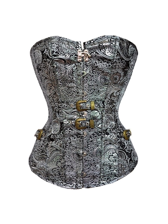 Women's Spiral Steel Boned Steampunk Gothic Bustier Brocade Double Steel Boned Overbust Bodice Silver XXL